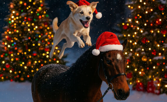 hund med nisselue som hopper over en hest med nisselue